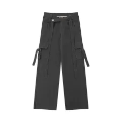 Female Decorative Ribbon Cross Waist Seal Straight Cargo Pants - Gray - View 1
