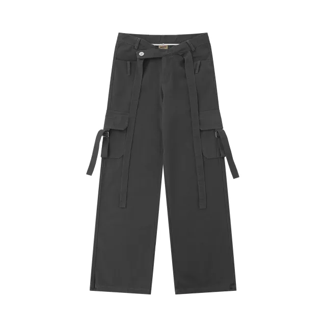 Female Decorative Ribbon Cross Waist Seal Straight Cargo Pants Gray - Shop at LoveMi