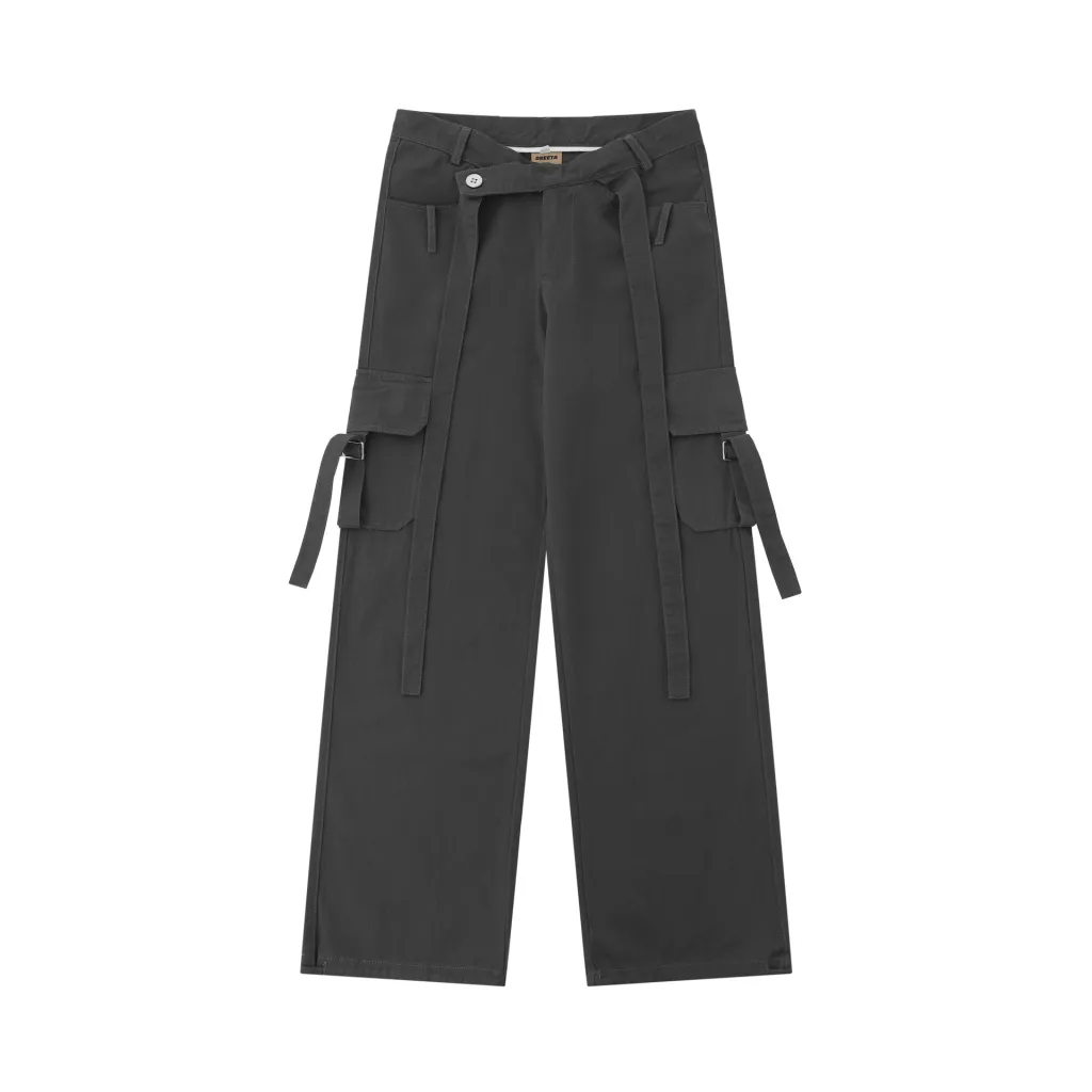 Female Decorative Ribbon Cross Waist Seal Straight Cargo Pants - Gray