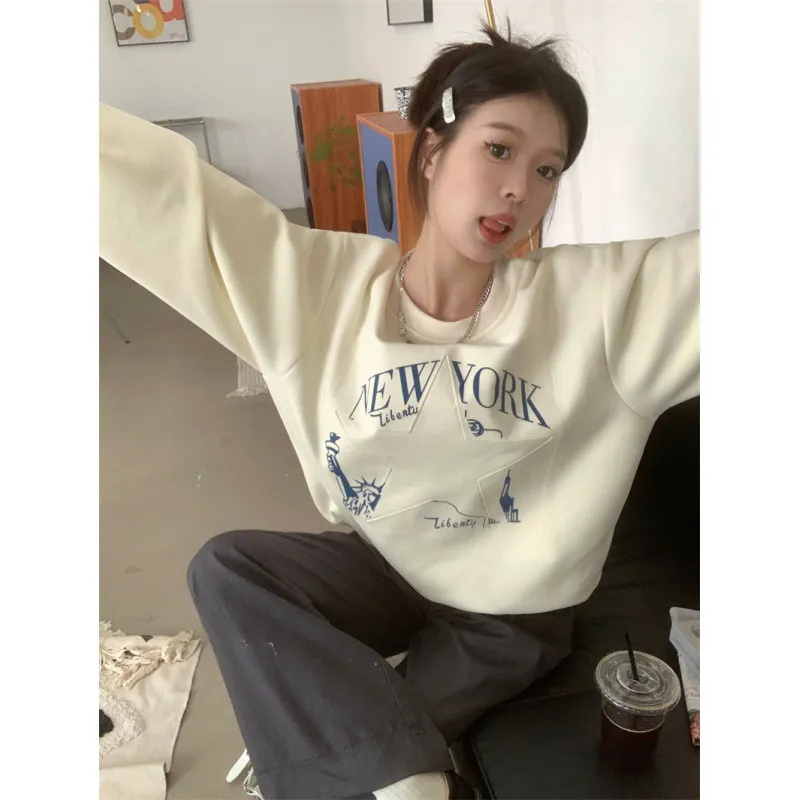 Printed Sweater Early Autumn New Retro Loose All-matching Slimming Top Women's Fashion - Apricot