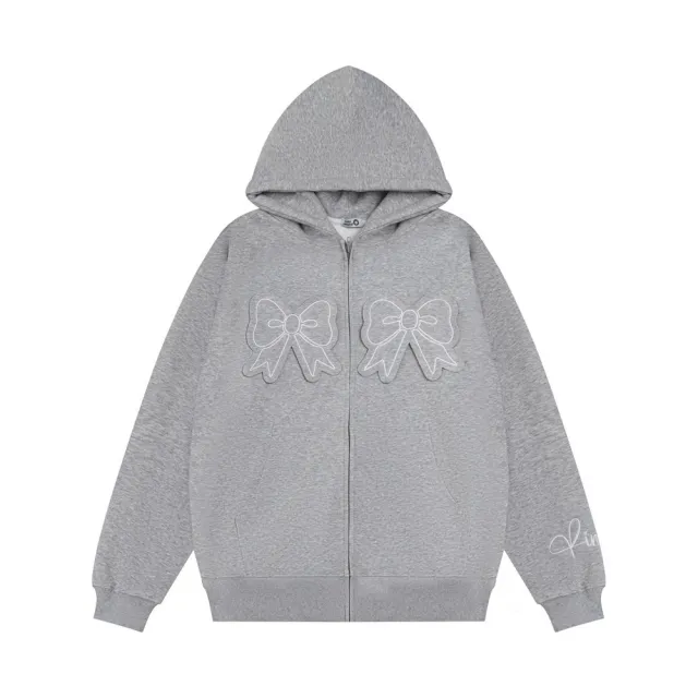 Bow Paste Cloth Embroidery Hooded Cardigan Sweater Gray - Shop at LoveMi