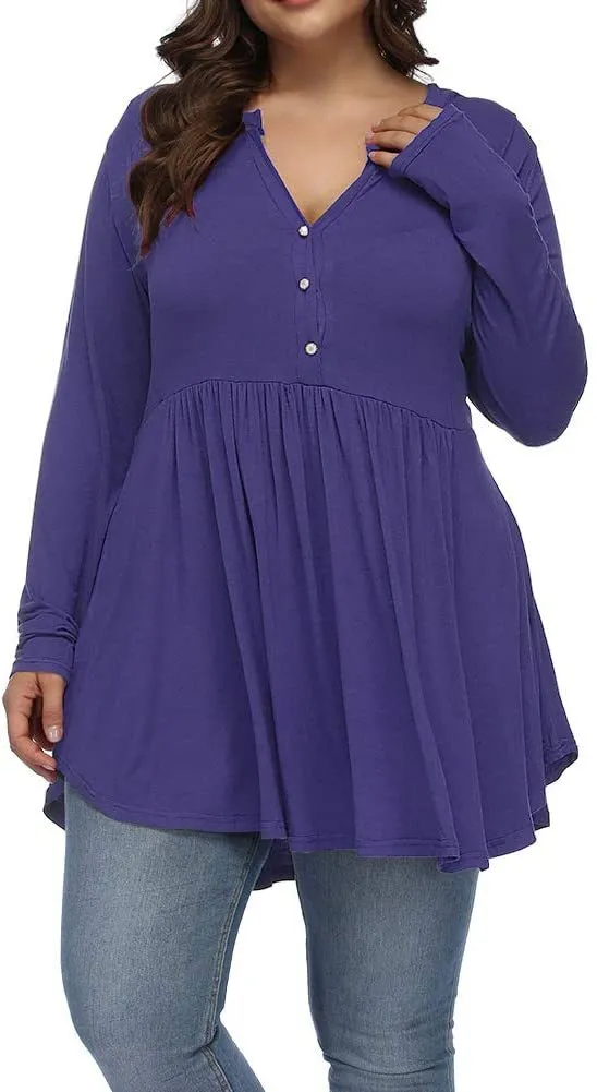 V neck Buttons Pleated Long Sleeve Plus Size T shirt Purple - Shop at LoveMi