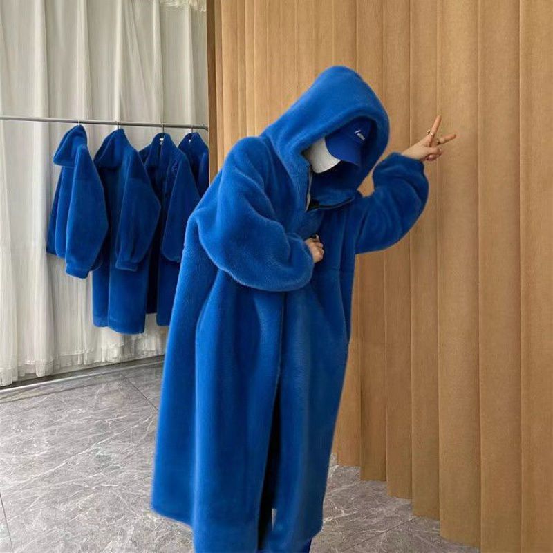 Leather Coat Overcoat Women's Long Thick Hooded Loose Young Mink-like Wool