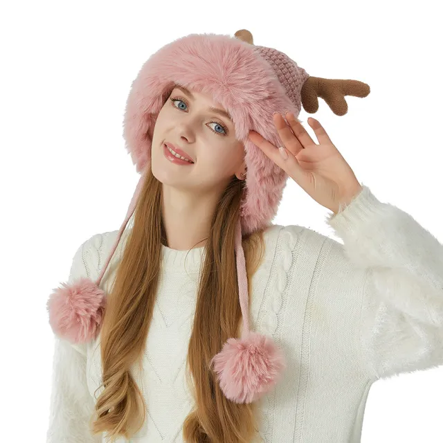Christmas Antlers Knitted Hat Large Plush Edge Cute Wool Hat Pink - Shop at LoveMi