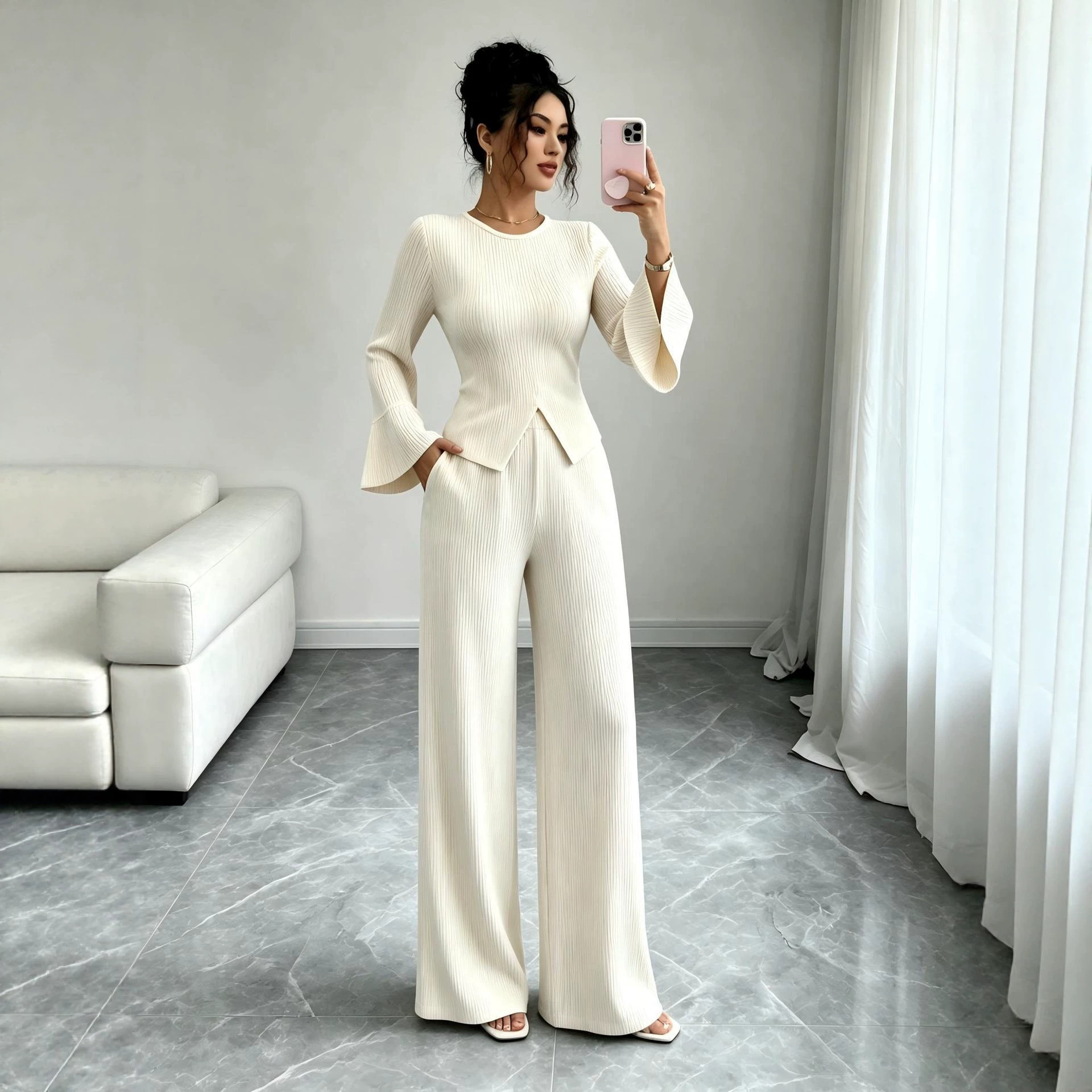 Gentle-style Textured Knit Top With Flared Sleeves And Wide-leg Pants Two-piece Set