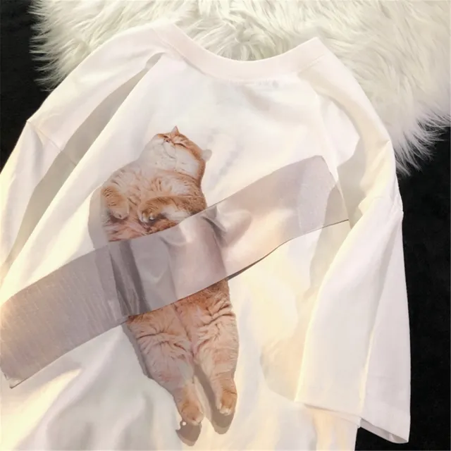Loose Design American Retro Cat Short Sleeve T shirt White - Shop at LoveMi