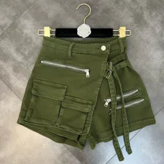 Workwear Denim Shorts Green Belt Loop Decorative Hot Pants - Green - View 1