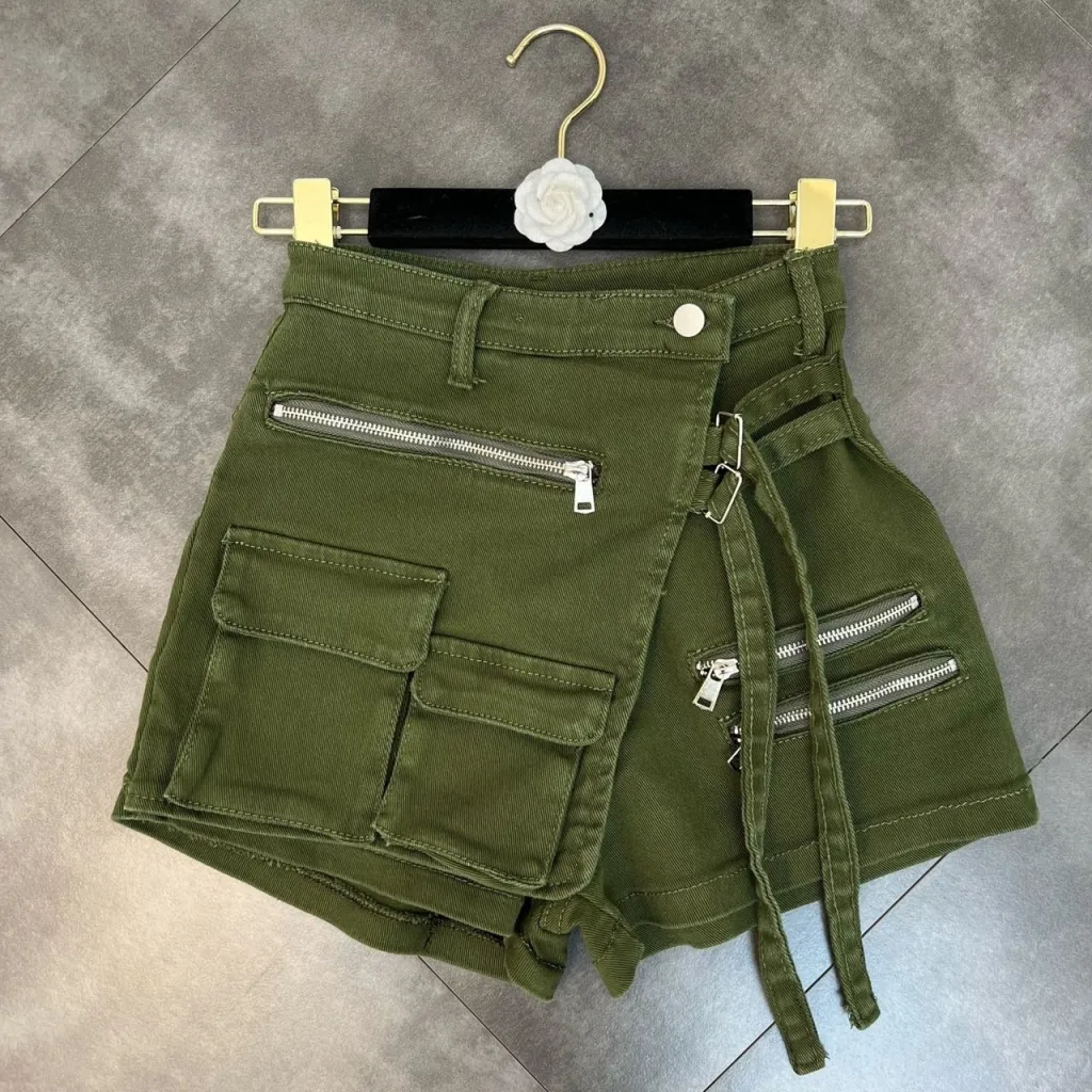 Workwear Denim Shorts Green Belt Loop Decorative Hot Pants - Green