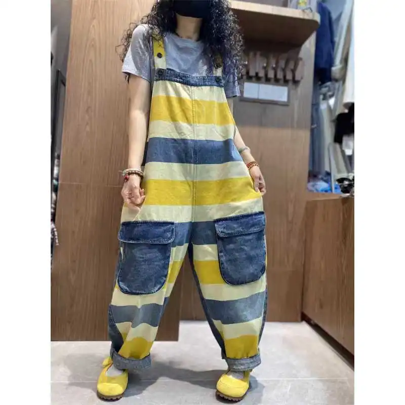 Casual Plus Size Denim Printing Cropped Suspender Women - Green Stripes