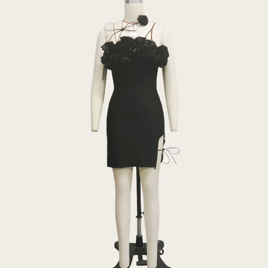Womens Rose Leather Cord Lace-Up High-End Satin Floral Tube Dress - Rose