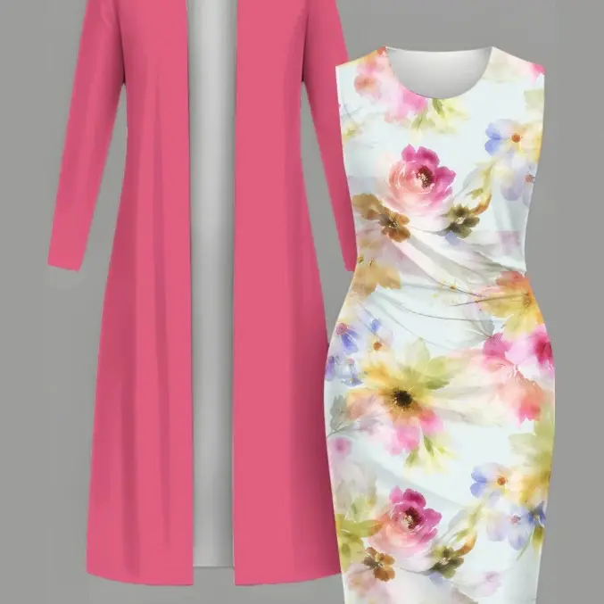 Fresh Slim-fit Printed Dress And Long-sleeve Cardigan