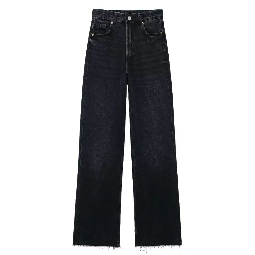 Fashion Casual High Waist Straight Wide Leg Denim Trousers For Women - Black