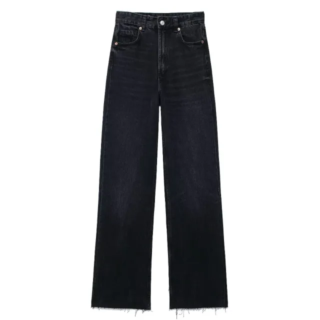 Fashion Casual High Waist Straight Wide Leg Denim Trousers For Women Black - Shop at LoveMi