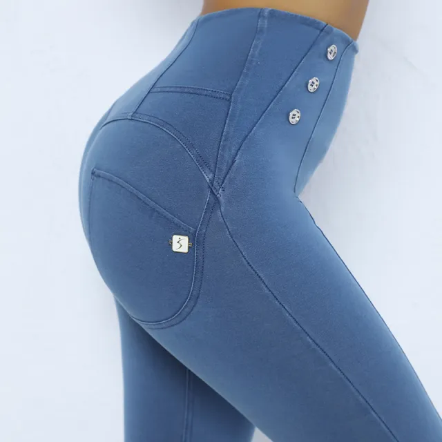 Skinny Yoga Pants Side Button Hip Lifting Women's Fitness Pants Light Blue - Shop at LoveMi