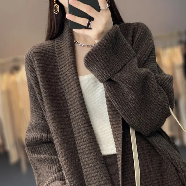 Women's Fashion Temperament Lapel Thickening Solid Color Sweater Coat Coffee - Shop at LoveMi