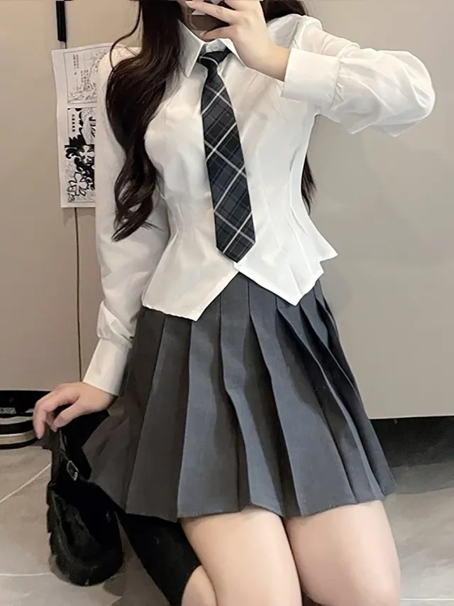 Jk Waist Trimming Shirt Women's Long sleeved Pleated Skirt Uniform Suit White Long Sleeve Tie Set - Shop at LoveMi