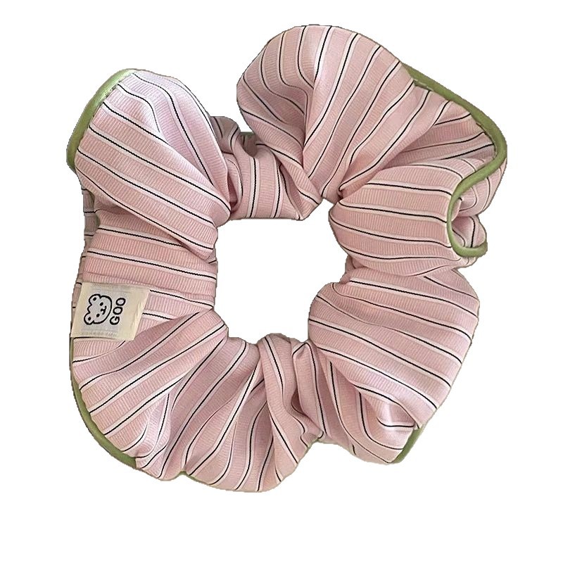 Cream-colored Contrast-striped Hair Accessory With A Sweet Little Bear Designa Chic Scrunchie