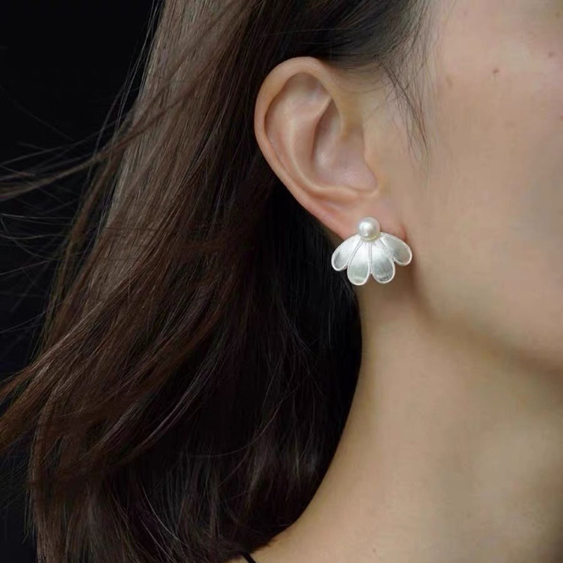 Flower Brushed Half Petal Pearl Stud Earrings For Women