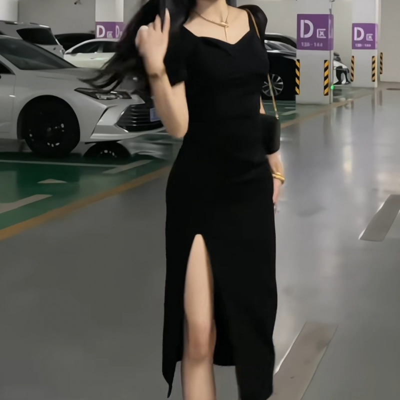 Female Casual Versatile Solid Color Summer High end Dresses Black - Shop at LoveMi
