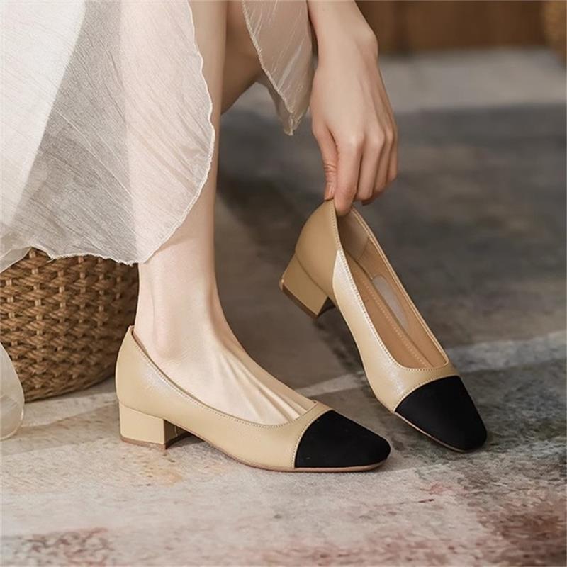 Womens French-style Soft Leather Patchwork Chanel-inspired Chunky-heel Square-toe Pumps
