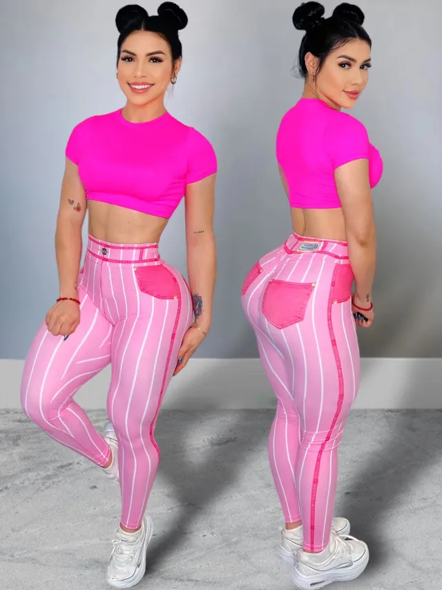 Denim Line Printing High Waist Yoga Pants Pink - Shop at LoveMi