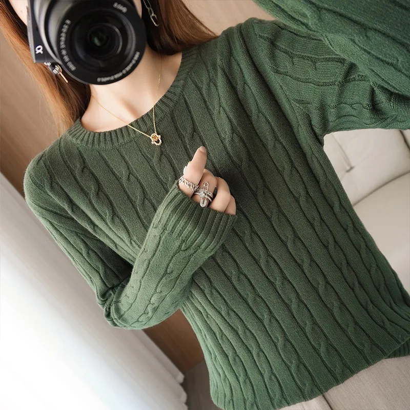 Solid Color Twisted Flower Bottoming Shirt Trendy - Dark Green Female