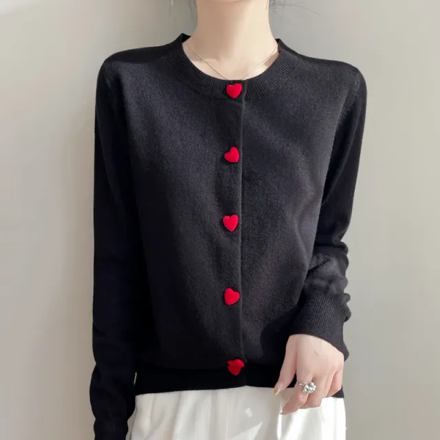 Round Neck Cardigan Red Heart Buckle Sweater For Women Black - Shop at LoveMi