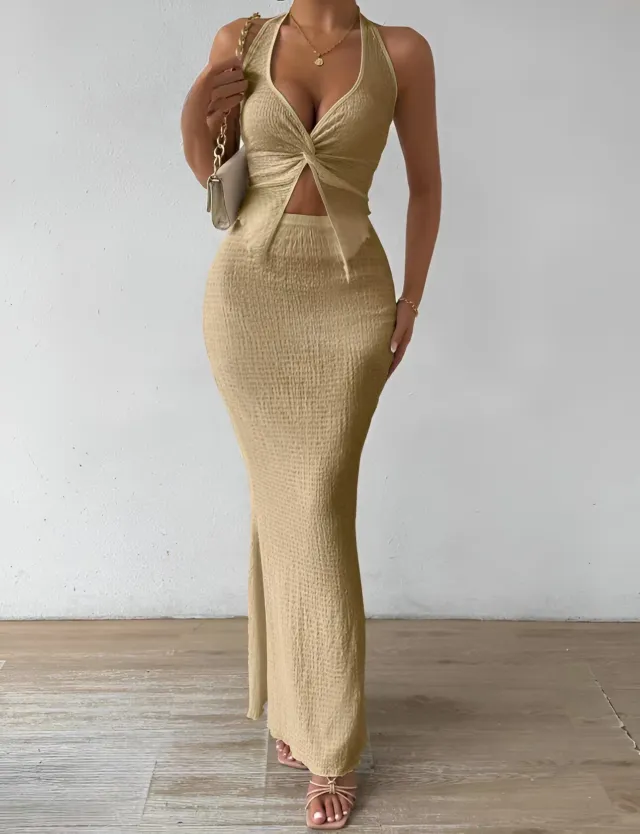Women's Solid Color Twist Front Hanging On Neck Crop Top And Fishtail Midi Skirt Khaki - Shop at LoveMi