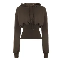 High Street American Idle Style Elastic Waist-tightening Hooded Jacket - Brown - View 1