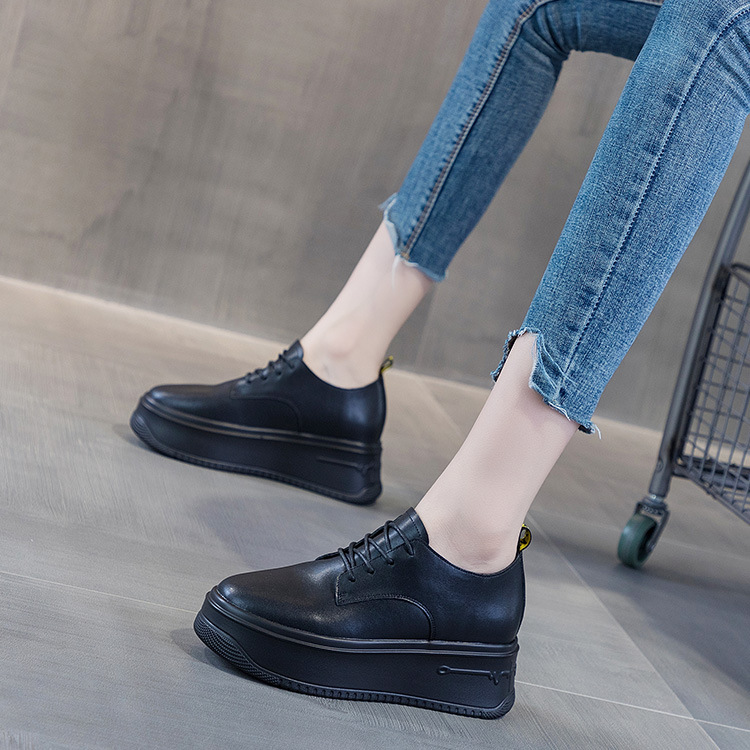 Women's Casual Leather Shoes With Thick Platform Soles And Lace-up Design
