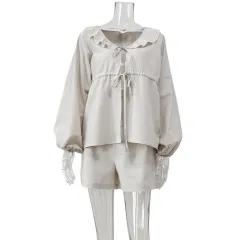 V-neck Puff Sleeve Top And Shorts Two-piece Set - Hemp Colour - View 1