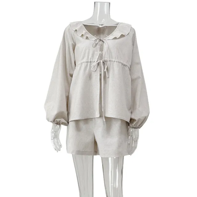 V neck Puff Sleeve Top And Shorts Two piece Set Hemp Color - Shop at LoveMi