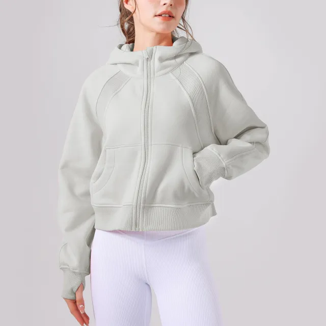 Fleece lined Yoga Clothes Hooded Sweater Loose Thick Casual Zipper Sports Top Heather Gray - Shop at LoveMi