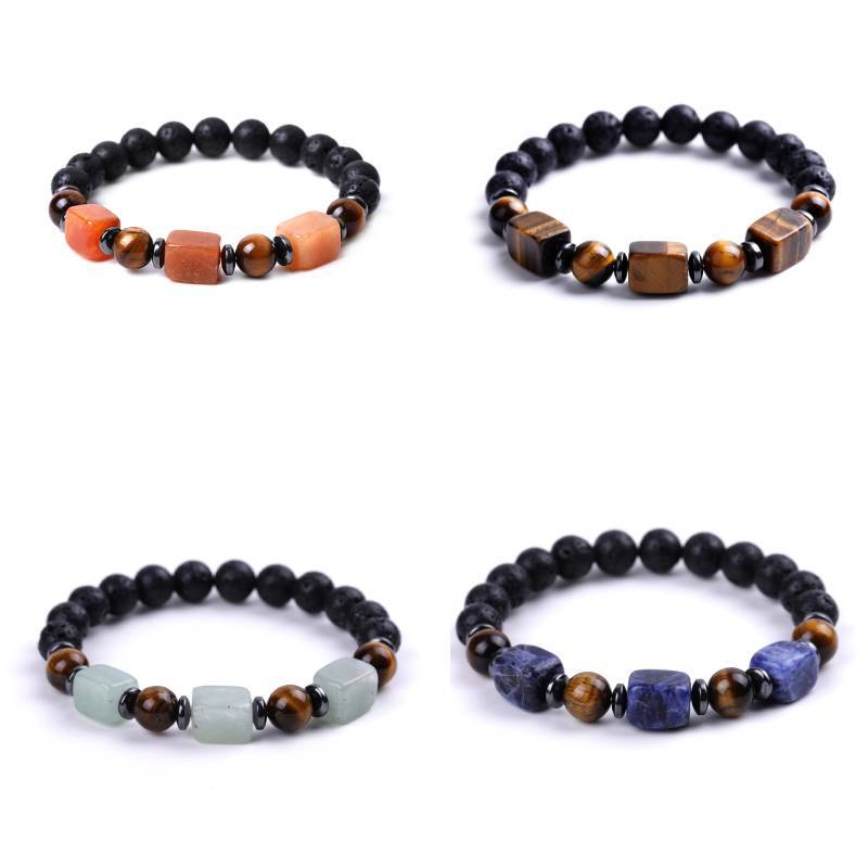 Crystal Volcanic Rock Bracelet Square Agate Tigereye Round Beads Energy Stone