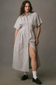 Waist-controlled Slim Fit Slimming Dress Long Shirt - Black And White Stripes - View 1