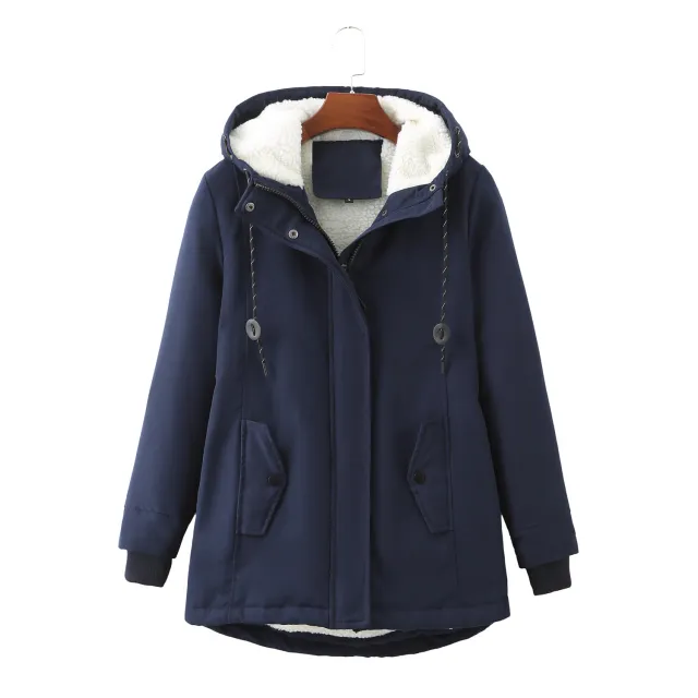 European Size Ladies Hooded Lambswool Parka Winter Warm Waist Women's Cotton padded Coat Dark Blue - Shop at LoveMi