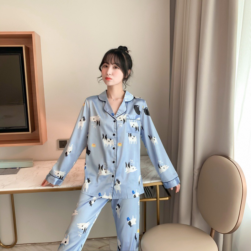 Women's Cartoon Printed Stretch Long Sleeve Trousers Pajamas Two-piece Set