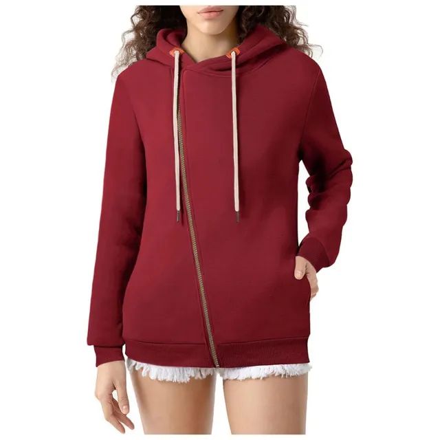 Women's Pocket Hooded Sweater Solid Color Zipper Hooded Sweatshirt Red - Shop at LoveMi