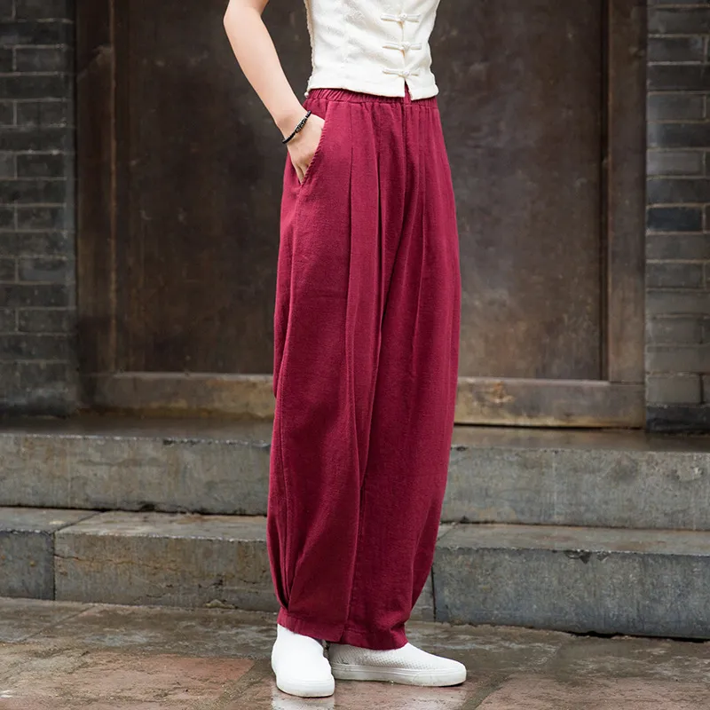 Cotton And Linen Women's Clothing Artistic Stone Washed Loose Bloomers - Wine