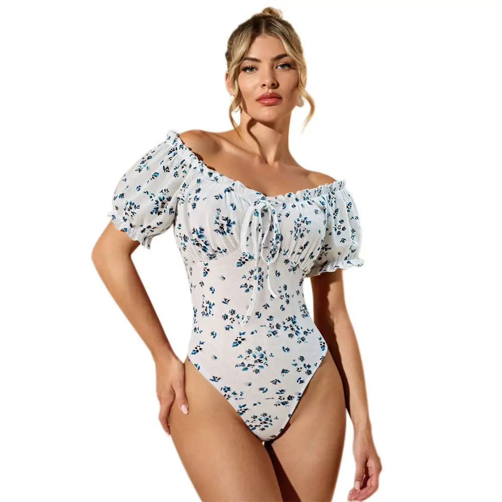 Summer Off-Shoulder Floral Puff-Sleeve Jumpsuit With Square Neck