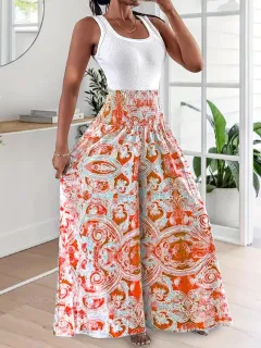 Peris Patterned High Waisted Elasticated Slim Fit A Line Wide Leg Flared Pants - Orange - View 1