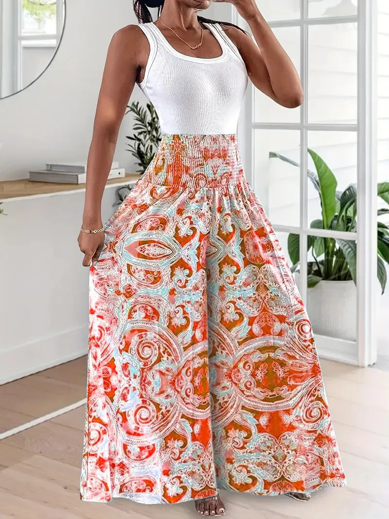 Peris Patterned High Waisted Elasticated Slim Fit A Line Wide Leg Flared Pants - Orange