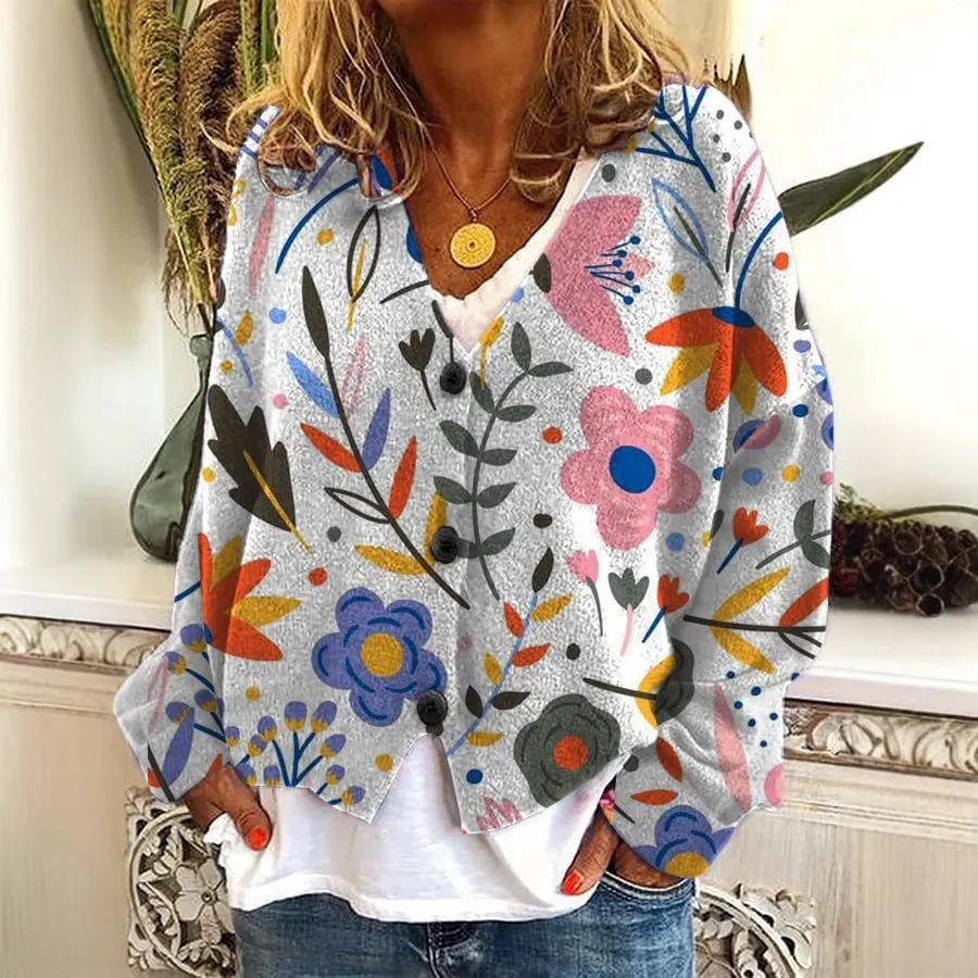 Digital Printing Thick Needle Women's Large V-neck Cardigan Short Long-sleeved Sweater - E081 1-L