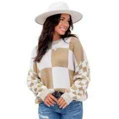Thickened Pullover Women European And American Leisure Plaid Block Stitching Long Sleeve Sweater Women - Brown - View 1