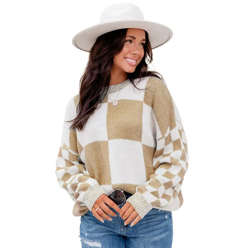 Thickened Pullover Women European And American Leisure Plaid Block Stitching Long Sleeve Sweater Women - Brown