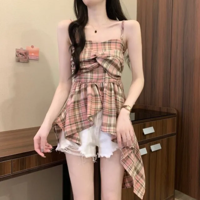 Dopamine Contrast Color Plaid Irregular Spaghetti strap Vest Pink Plaid - Shop at LoveMi