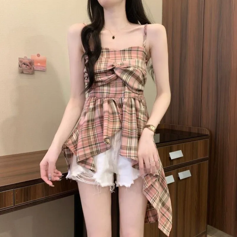 Dopamine Contrast Color Plaid Irregular Spaghetti-strap Vest - Pink Plaid