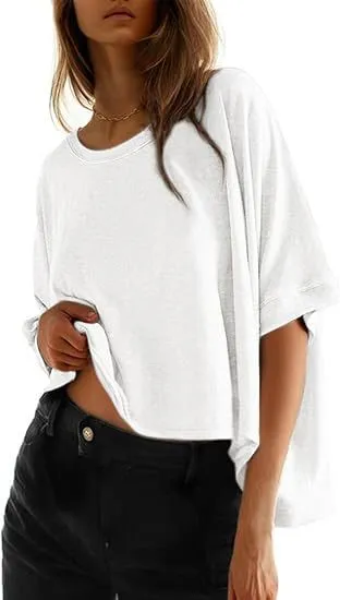 Solid color Loose fitting Short sleeve Pullover With A Crew Neck White - Shop at LoveMi