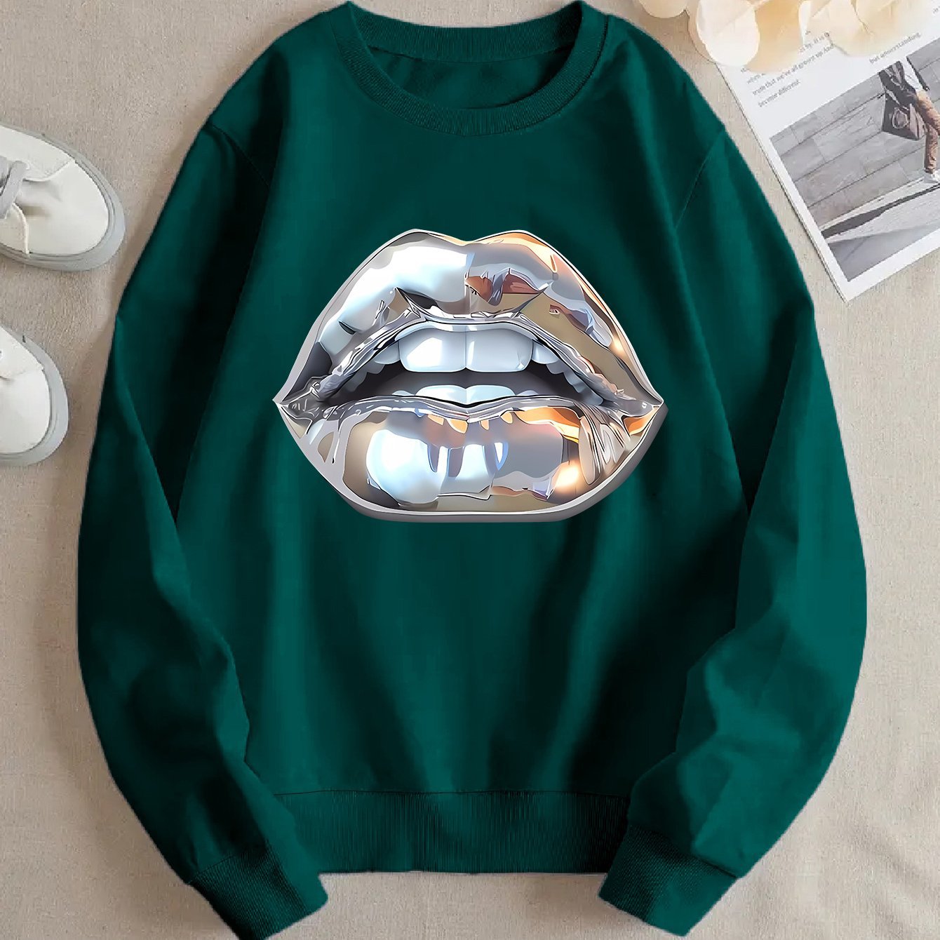Womens Cartoon Silver Lip-Printed Sweatshirt