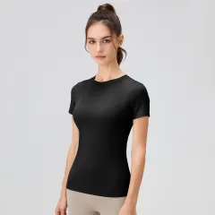 Solid Colour Yoga Short Sleeve Round Neck Quick-drying Running Workout T-shirt Tight Exercise Yoga Clothes - Black - View 1